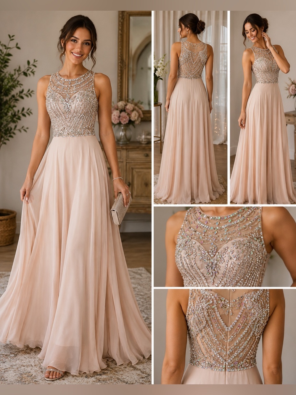 Beaded Illusion Neckline Evening Dress - Blush